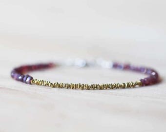 Delicate Mystic Garnet Bracelet with Hill Tribe Brass Stick Beads, Beaded Garnet Bracelet, Brass and Red Gemstone Bracelet