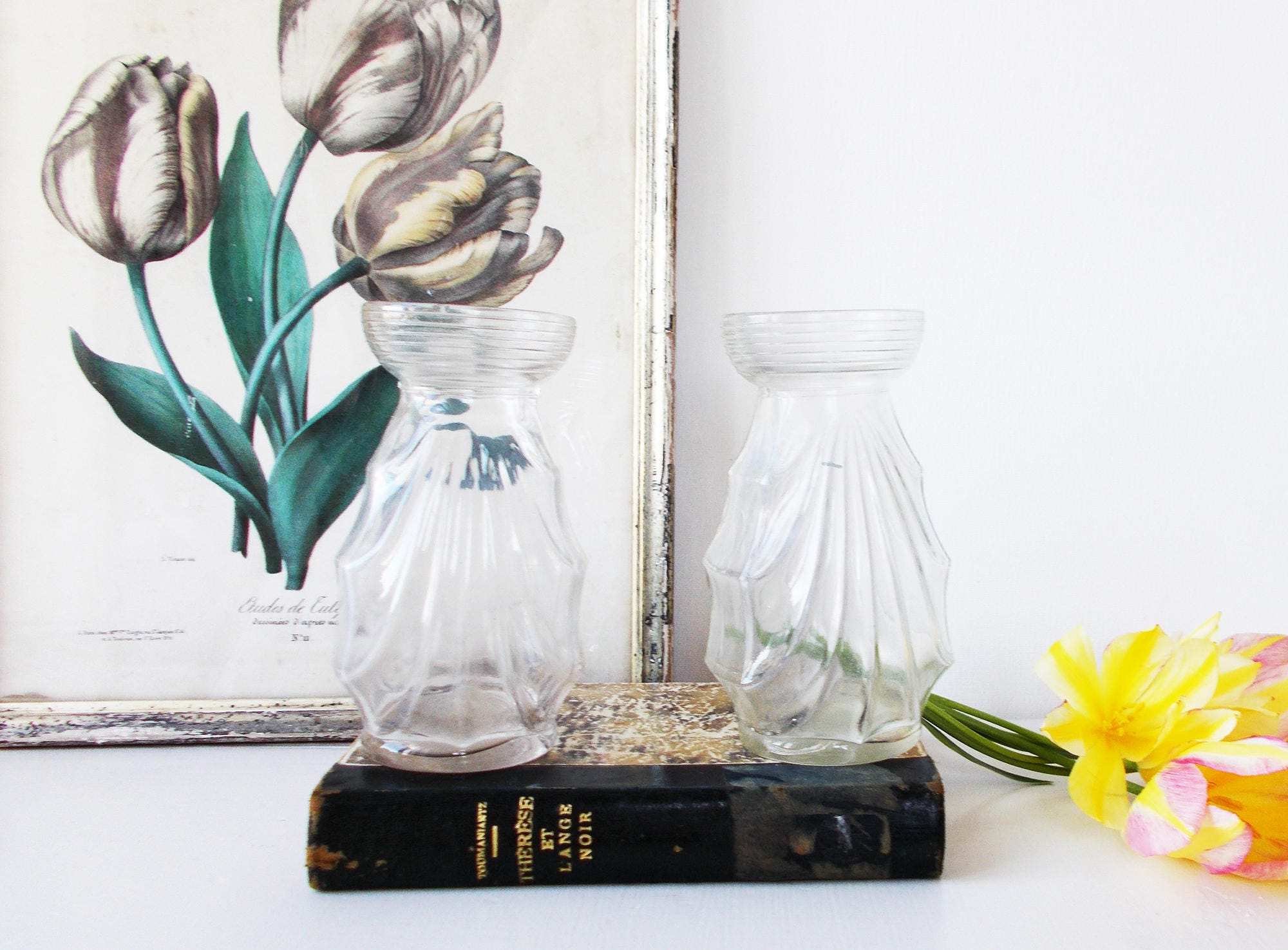 2 Hyacinth Bulb Vases French Vintage Clear Glass Art Deco