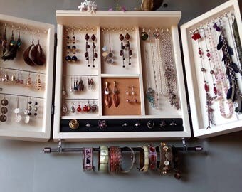 Jewelry cabinet. earrings locker with shelf. Vintage WHITE jewelry storage.Wooden wall mounted earring organizer. earrings storage. holder.
