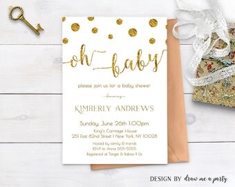 GOLD BABY SHOWER Oh Baby Invitation , Gold and White Baby Shower Invitation, Polk Dots , Gold Glitter Baby Shower Invite , Printable