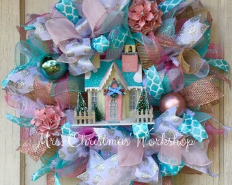 Shabby chic Christmas wreath, pink Christmas wreath, deco mesh wreath, Victorian Christmas, Christmas village wreath