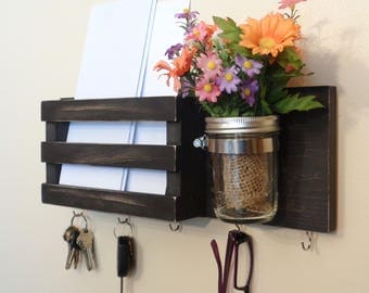 Mail Holder - Key Holder - Mail Organizer - 5 Hooks - Distressed Dark Espresso - Mason Jar - Hangers Installed - Ready To Hang