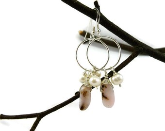 Pearls and Pink Opals dangle earrings, Casual pearls, Pink Opal and Fresh Water pearls, BOHO earrings, New Gem and Pearls collection, silver