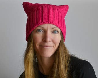 Pink Pussyhat, Knit Cat Ears Hat, Bright Pink Knit Hat with Cat Ears