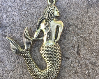Mermaid Pendant - large Bronze Mermaid Necklace Bronze Brass Chain Necklace