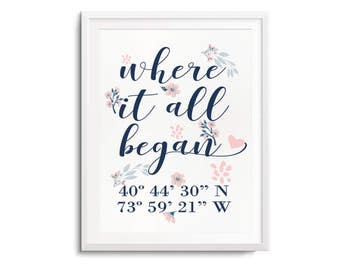 Where It All Began Floral Print with GPS Coordinates, Personalized Anniversary Gifts for Husband Gifts, Gifts for Her