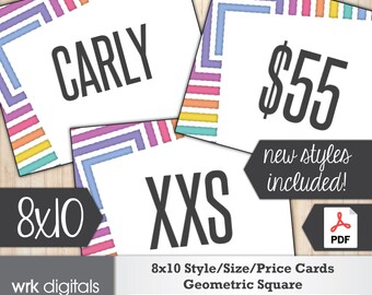 Style Cards 8x10 Signs, Size Card, Price Sign, Fashion Consultant, Geometric Square Design, PRINTABLE, INSTANT DOWNLOAD