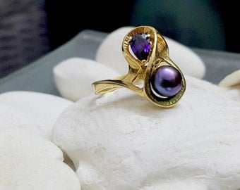 SALE! Black Pearl ring,gold filled ring, real pearl ring,stackable ring, wedding ring, drop amethyst ring,bridal jewelry, big pearl