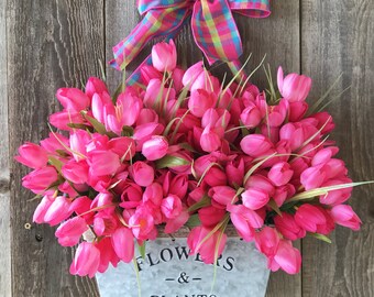 Spring door hanger - pink tulips - door hanger - galvanized planter