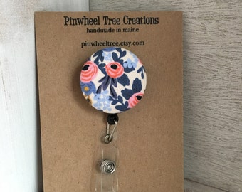 Rifle Paper Co. Floral Badge Reel, Retractable Badge Holder, Pink Roses Fabric Swivel ID Name Holder, Student Nurse Teacher Coach Gift
