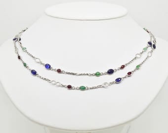 Sterling Silver 25.00cttw Sapphires, Rubies & Emeralds 34" Necklace 15.5g