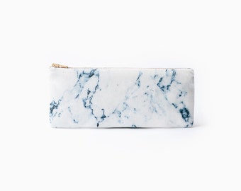 White marble organic coton pencil case, zipper pouch, white and blue, print organic fabric, marble pencil pouch, back to school
