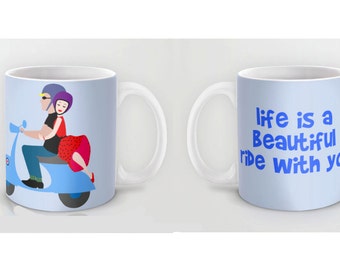 Motorcycle mug-Blue scooter bike-Pop art mug-Valentines-Retro mug-Love mug-Gift for her-Coffee lover gift-Gift for him-Colourful Coffee mug