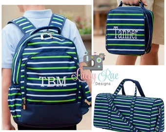 Personalized Striped Boy Backpack, duffel bag and backpack, preschool, Monogrammed, School Age Backpack, duffel bag, lunchbox, lunch bag