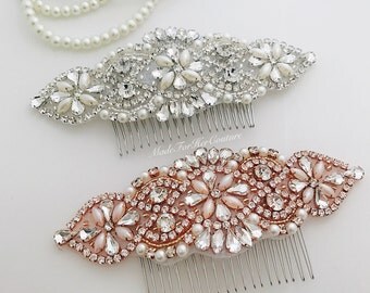 Rose Gold Wedding Hair Comb, Rhinestone Wedding Hair Comb, Bridal Hair Accessories, Pearl Crystal Hair Comb, Bridal Pearl Crystal Head Piece