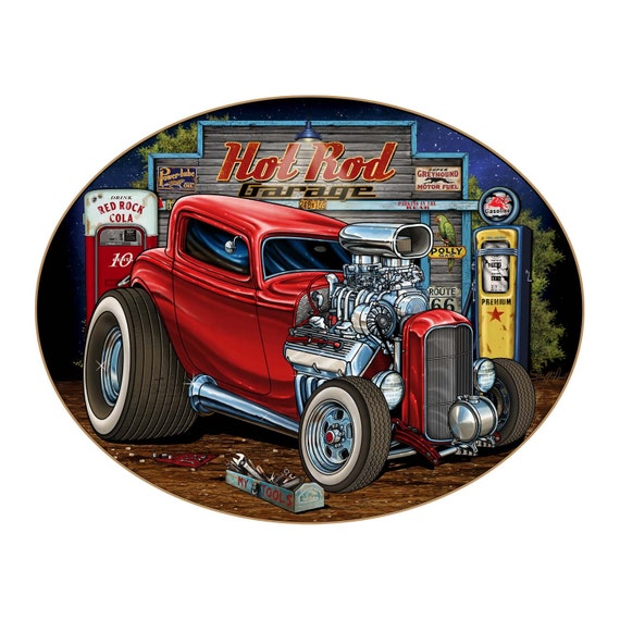 Hot Rod Garage Art on oval wood sign vintage style hot rod