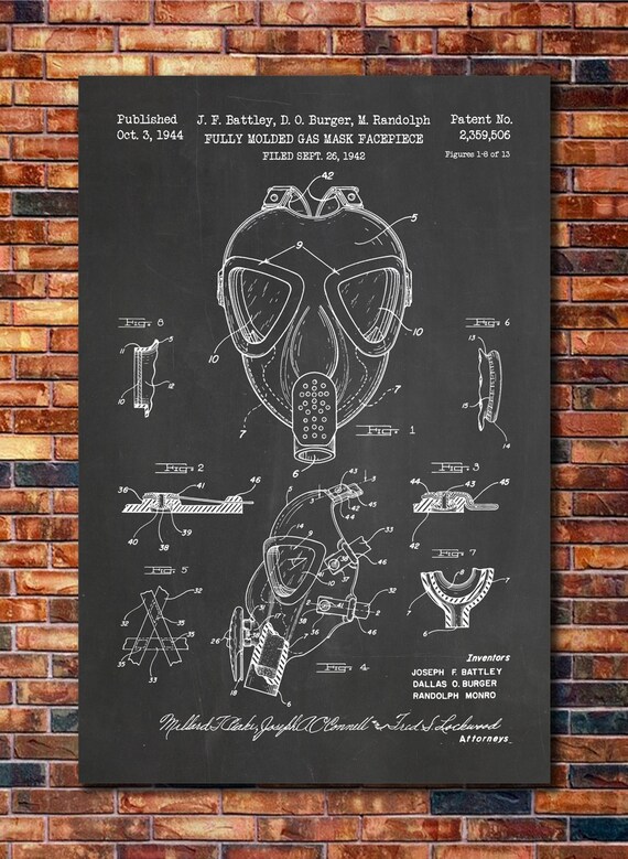 Gas Mask Patent Print Art 1944