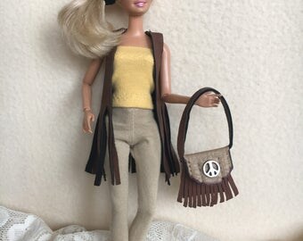 Sale Handmade Barbie Doll Clothes, Barbie Clothes, Doll Vest, Leather Purse, Barbie doll Pants and Top