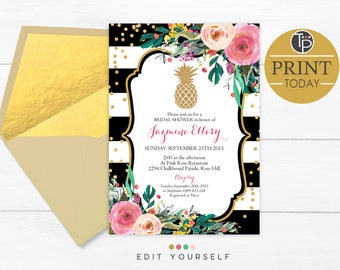 PINEAPPLE INVITATION, Instant Download, Gold Glitter Pineapple Invitation, Pineapple Bridal Shower Invitation, Gold Pineapple Invitation