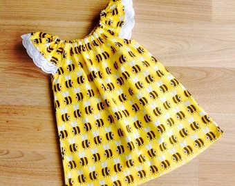 Girls Dress, Flutter Sleeve Dress, Size 1 , Bee Honey Dress, baby girl dress, handmade dress, party dress, ready to ship