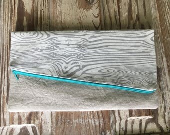 Grey Wood Print Linen Folded Clutch with Teal Zipper