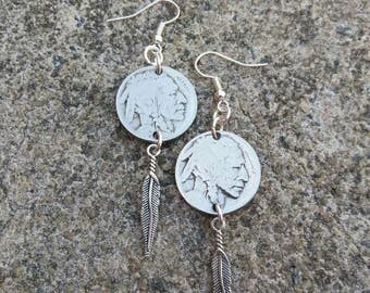 American Indian Earrings -Buffalo Coin Earrings - Feather earrings - gift for her - native american coin earrings - upcycled earrings
