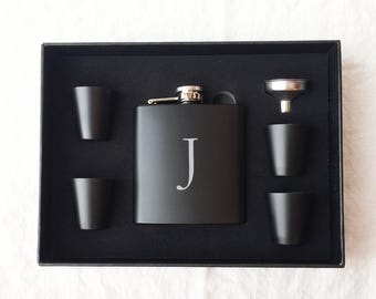 Personalized Flask Set - Groomsmen Gift - Boxed Flask Set - Monogram Flask Set - Best Man Gift - Wedding Gift - Bachelor Gift - Black Flask