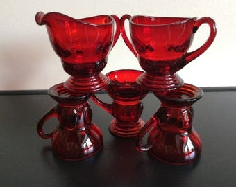 New Martinsville MOONDROPS Ruby Mini Creamer / Sugar with set of 3 Whiskey 2 oz glasses 1932-40 Vintage