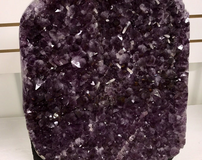 Amethyst Crystal Geode All Natural- 17" Tall X 15" Wide X 7" Thick- White Calcite Crystal Inclusion Healing Crystals \ Reiki \ Healing Stone