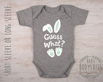 Easter Pregnancy Announcement, GUESS WHAT? Gray Baby Bodysuit, Easter Pregnancy Reveal to Grandparents, Family, Friends, Baby Reveal Shirt