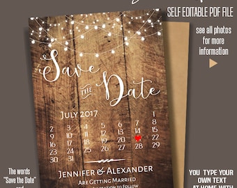 Printable Save the Date for JULY 2017, Wedding templates, Save the date card, Instant Download Self Editable PDF, Rustic Wood, A217