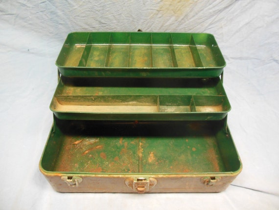 Distressed Vintage Metal Tackle Box Shabby Chic Storage