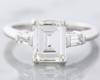 Vintage Emerald Cut Diamond Ring in Platinum with Baguette Sides | Kendall