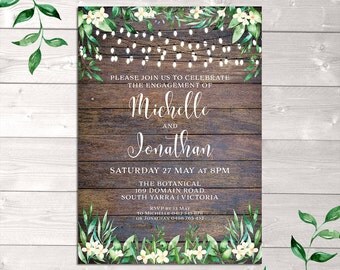 Rustic invitation, engagement invitation, wedding, string lights, wood background, watercolour flowers leaves, digital customised printable