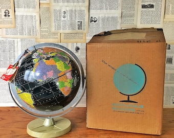 Vintage 1959 World Globe by Replogle, Black Oceans Starlight Globe, 12" Mid Century Globe, Old Globe, Desk Globe, New Old Stock, Home Decor