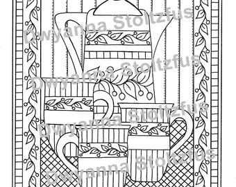 Coffee Pot and Mugs Coloring Page PDF