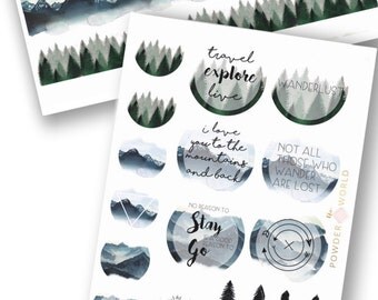 travel STICKERS wanderlust explore theme kit - stickers flakes and journaling cards ! mountain and forest washi tape stickers