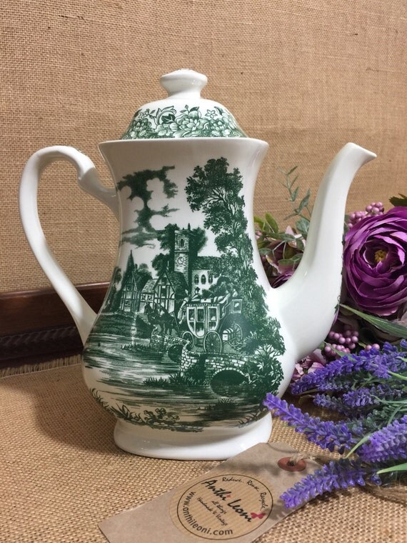 Green Transferware Coffee Pot by J G Meakin Stratford Stage - English Staffordshire Pottery - Green Toile de Jouy China