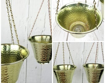 Pair of Brass Hanging Planters~3 Chain Retro Mod Hammered Brass Small Planters~5 3/4" Plant Succulent Planters Flower Pots Indoor