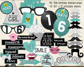 Photo Booth Props, HAPPY 16TH BIRTHDAY, girl, printable sheets, instant download, turquoise, black, silver