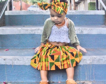 Girls African Kente Skirt, Head Wrap, Girls Skirt, African Skirt, African Clothing, Baby Clothes, African Outfit, Back to School
