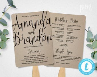 Wedding Program Fan Template, Calligraphy Script Printable Program, Instant Download, DIY Ceremony Program Fan, Kraft Paper