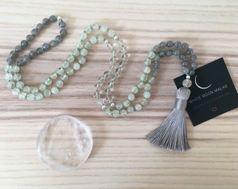 108 Mala Necklace, Meditation Mala, Labradorite, Crystal Quartz, Prehnite, Yoga Jewelry, Healing Prayer Beads, Natural Gemstone Mala