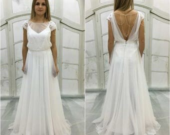 Boho Vintage Inspired A Line Chiffon Wedding Dress With Illusion Neckline Cap Sleeves Boho Vintage Inspired A Line Chiffon Wedding Dress With Illusion Neckline Cap Sleeves
