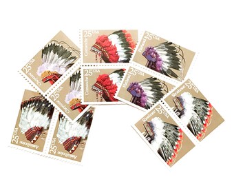 10 x Indian Headdresses UNused 25 cents 1990 US Postage Stamps - Headdress - Assiniboine Cheyenne Comanche Flathead Shoshone tribes -