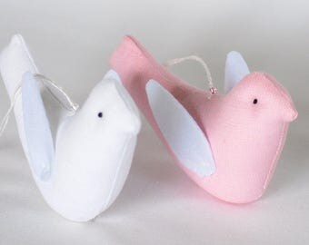 Wedding white pink birds, dove fabric birds, wedding ornament, pink white hanging bird, Baby shower favors, dove ornament