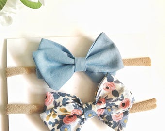 Rifle Paper Co bow, Periwinkle floral sailor bow, set of 2, blue sailor bow, baby girl bows, nylon headbands, baby shower gift