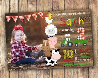 Digital Farm Birthday Invitation for a Boy or Girl, Barnyard Invitation with Wood/Chalkboard, Farm Animal Invite, Photo Printable Invitation