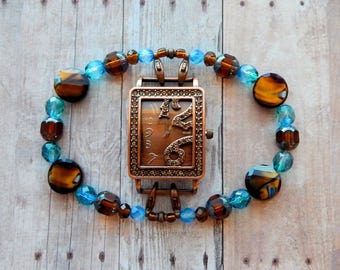 Tropical Blue Czech Fire Polished Crystal &PicassoBeads Ambers with Brown MarbleGlass Interchangeable WatchBand w Copper RhinestoneWatchFace