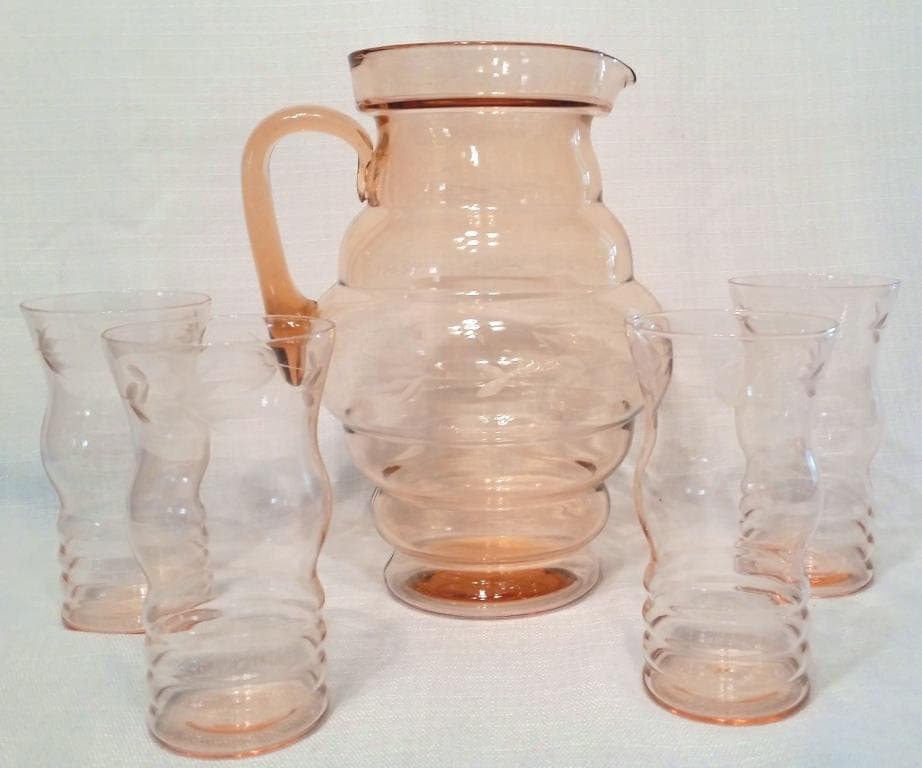 Pink Depression Glass Pitcher and 4 Glasses Art Deco Flower